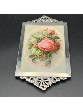 Vintage Silverplate Picture Frame With Rose Print 4.5 x 6 Inches Ornate Border